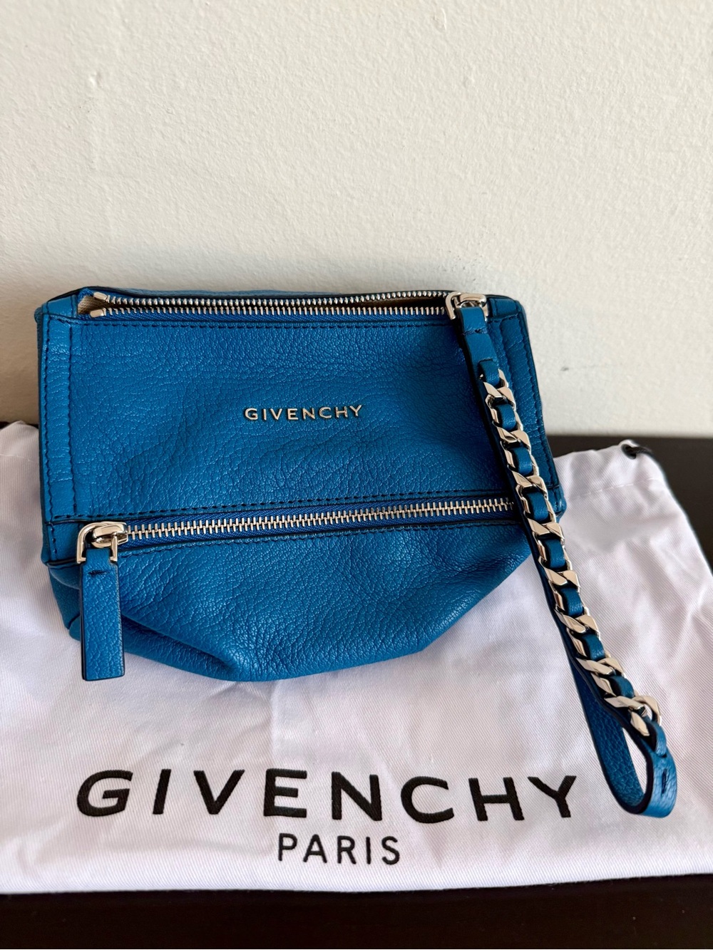Givenchy Electric Blue Leather Wristlet with Chain-Detail Strap